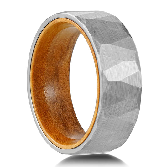 JEWPER 2/4/6/8mm Black/silver/gold Tungsten Rings for Men Womens Couple Fashion Jewelry Promise Engagement Wedding Band Hammered Inner ring inlaid with olive wood Carbide Polished Edge Comfort Fit