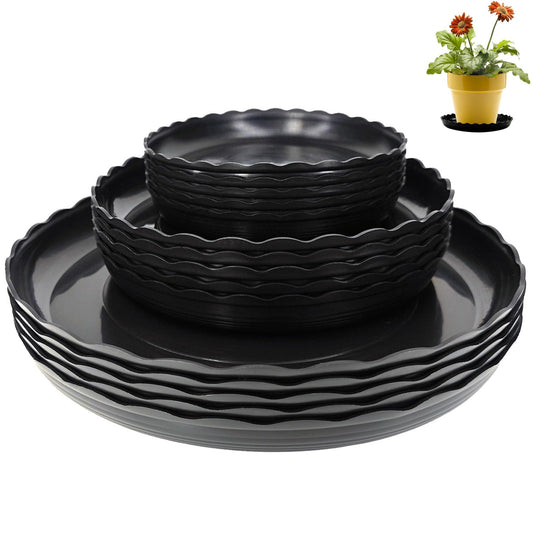 OFiSEXPT 15 Pcs Plant Saucer Set, 6, 8, 10 Inch Plastic Pot Trays, Flower Planter Saucers, Drip Trays for Indoor/Outdoor, Sturdy Plant Plate Water Catcher (Black)