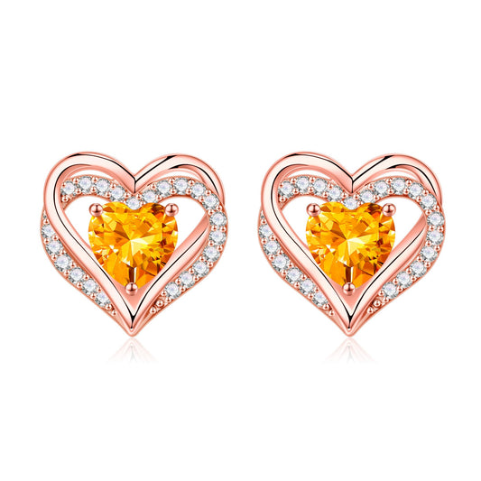 Iefil Rose-Gold-Plated Earrings for Women, November Birthstone Yellow Citrine Heart Stud Earrings for Women
