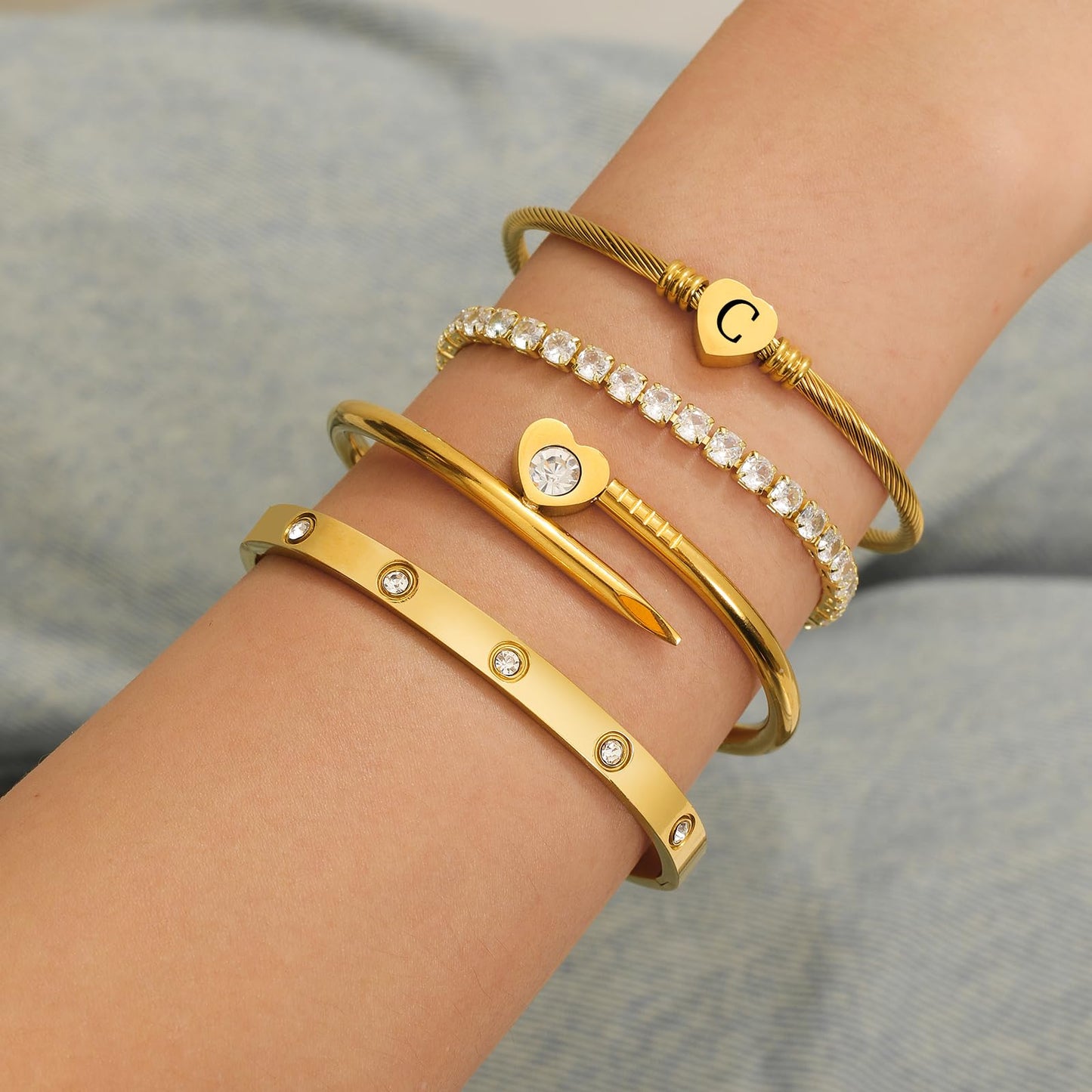MEIERYA18K Gold Plated Nail love Bangle Bracelet Set for Women,Cubic Zirconia,Adjustable tennis bracelet Trendy Gift Jewelry for Mother's Day Anniversary (03-Style-C)