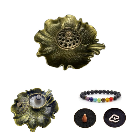 Vintage Bronze Color Mini Lotus & Frog Incense Burner, Cones and Small Coils Holder, Crystal Healing Chakras Energy Meditation Incense Set Aesthetic Home Decor Aromatherapy Ornament