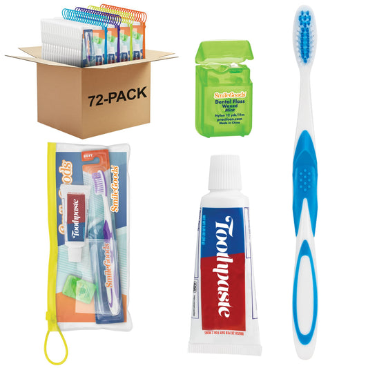 Practicon SmileGoods Adult Dental Care Kit with Toothbrush, Toothpaste, and Floss, Pack of 72