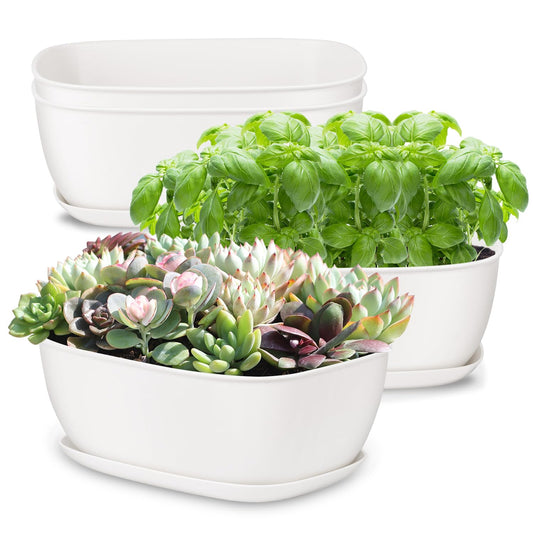 Oliz Set of 4 White Oval Shallow Herb Garden Planters with Drainage Holes and Trays (8.66 Inch) Plant Pots for Herbs Basil Orchids Succulents, Modern Herb Garden Planter for Indoor/Outdoor Plants