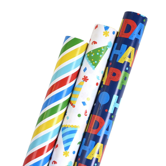 BIOBROWN Birthday Wrapping Paper, Colorful Gift Wrap with Text Happy Birthday Balloon Stripes Design for Kids, 17 inch X 120 inch Per Roll