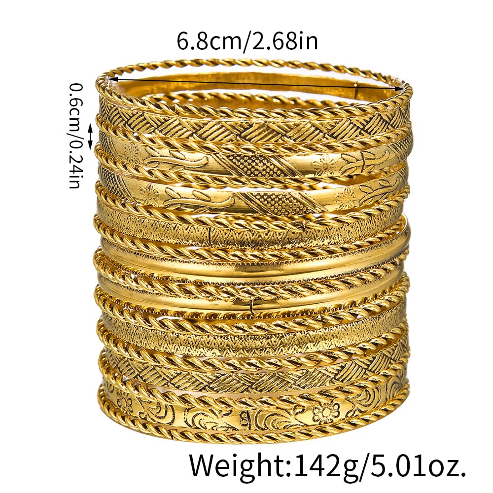 RINTOLER 19Pcs Vintage Engraved Pattern Gold Bangle Bracelets Set for Women - Multi Layer Stackable Textured Bracelets Boho Jewelrys for Women.