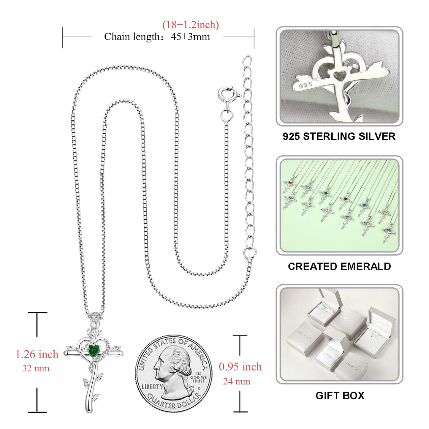 STARCHENIE Rose Cross Necklace 925 Sterling Silver Heart Crucifix Pendant Created Emerald Jewelry for Women
