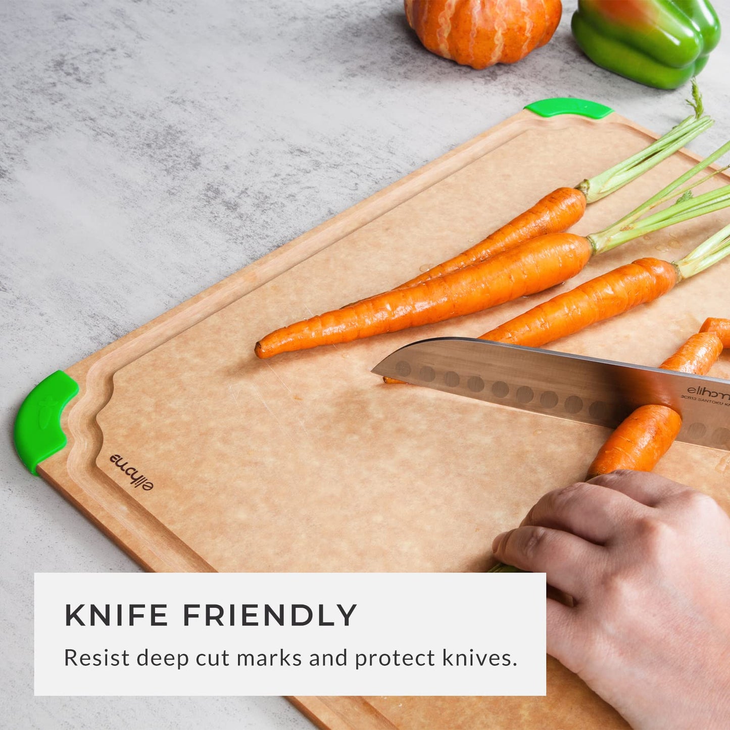 Elihome Premium Series 4-in-1 Kitchen Cutting Board Set, Non Slip Feet, Color Coded with Food Icon, Natural Wood Fiber, Dishwasher Safe, Eco-Friendly, Juice Grooves,Non Porous, BPA Free, Made in USA