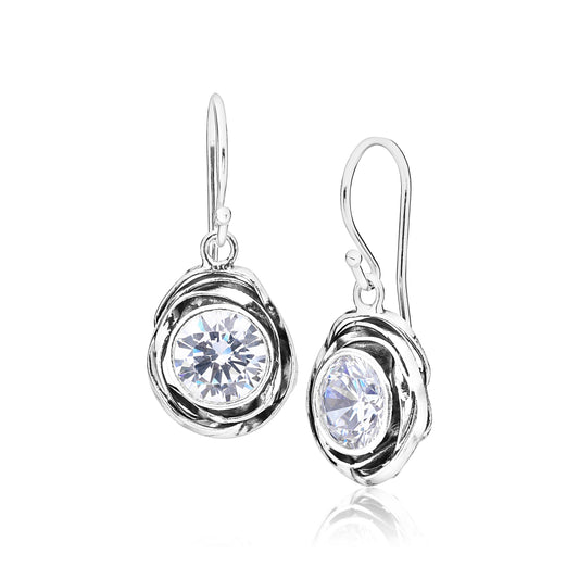 JEAN RACHEL JEWELRY 925 Sterling Silver Dangle Earrings for Women-Wire Wrap with Bezel Set Cubic Zirconia Vintage Design-Hypoallergenic,Lead&Nickel Free-Artisan Handcrafted Statement Earrings,White