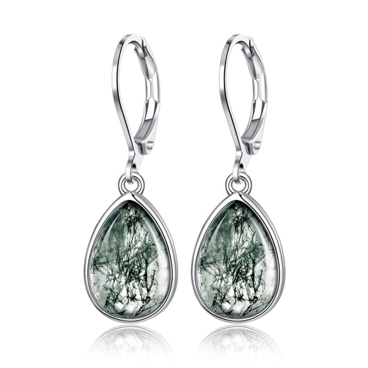 TALYKONG Moss Agate Earrings for Women Gem Dangle Leverback Earrings Moss Agate Jewelry for Women