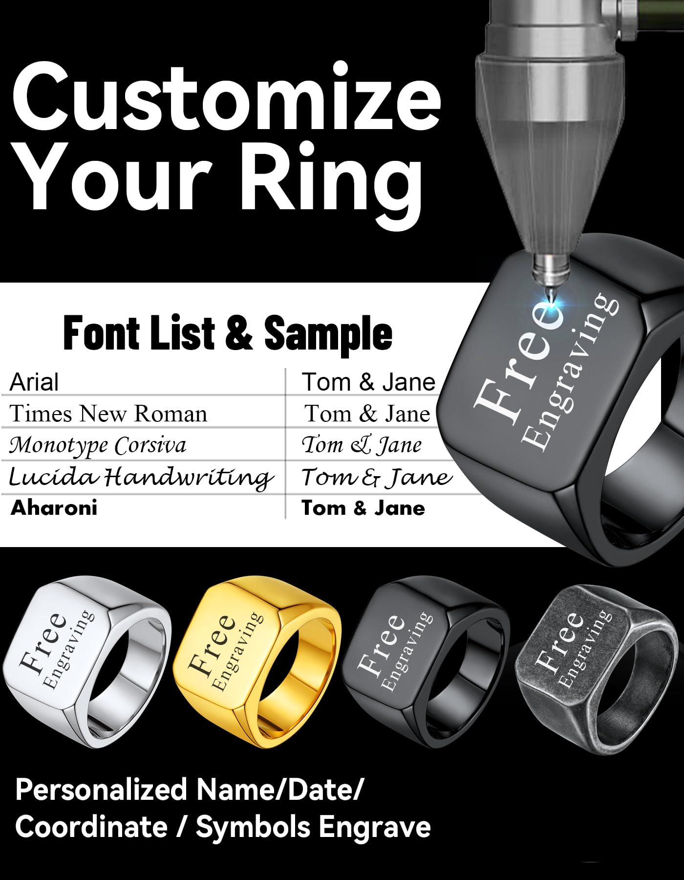 Black Personalized Signet Rings for Men Women Solid Polished Stainless Steel Biker Ring Size 13