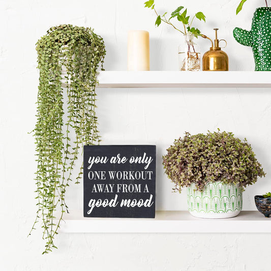 Motivational Gym Desk Decor Wooden Box Sign Fitness Gifts Rustic Black Wood Block Plaque Box Sign for Home Gym Desk Shelf Table Decoration You are only One Workout Away from A Good Mood Sign