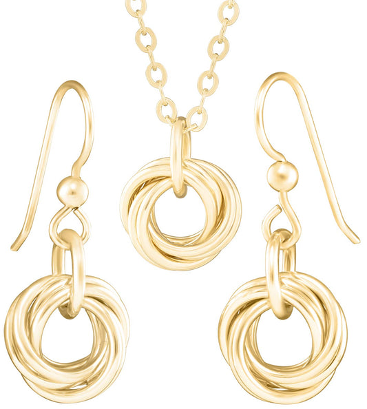 Dainty 14K Yellow Gold-Filled Love Knot Dangle Earrings and 20" Pendant Necklace | Elegant Gold Jewelry Set | Minimalist Jewelry Gift Set for Women