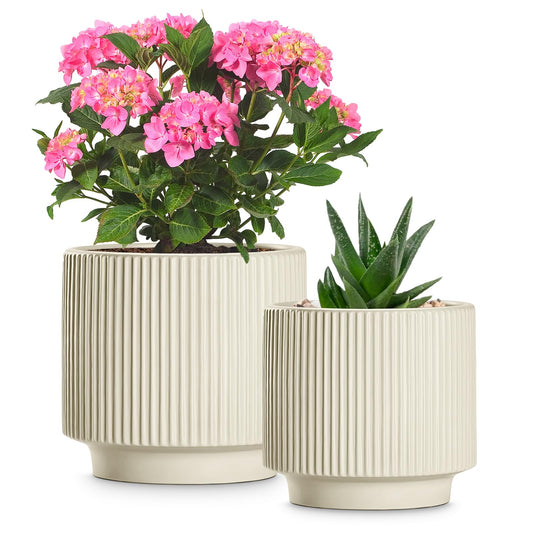OXART Large Plant Pot, 12+10 Inch Ceramic Pots for Plants, Set of 2 Indoor & Outdoor Planters with Drainage Holes, Modern Round Decorative Flower Pots, Ceramic Planting Pot for Plants, Yellow