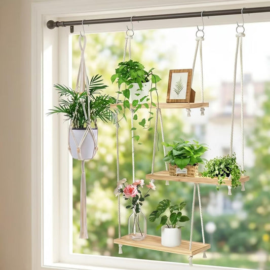 Window Plant Shelves, 3-Tier Boho Window Sill Plant Shelf with 35 Inch Macrame Plant Hanger, Indoor Hanging Wood Window Plant Hanger for Herb Garden, Flower, Micro Greens, Seedling Pots Display Stand