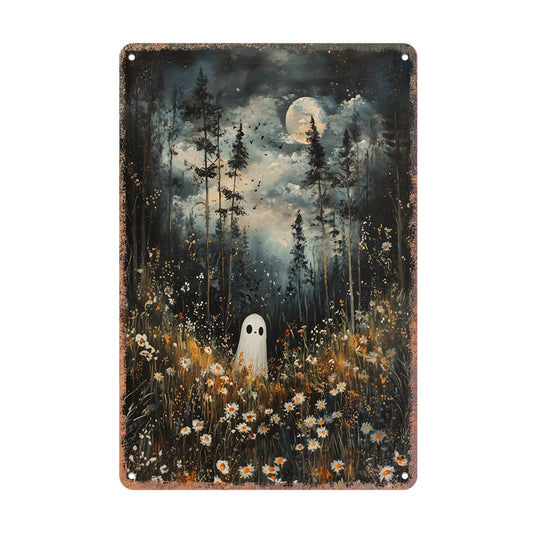 Vintage Halloween Decor Ghost In Moonlight Forest Metal Tin Sign - Gothic Dark Academia Spooky Home Ghost Decor Aluminum Plaque Poster For Dining Room, Bar & Indoor 8x12 Inch