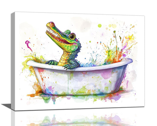Quorin Crocodile Bathroom Wall Art Funny Bathtub Pictures Cute Animal Wall Decor Colorful Graffiti Canvas Print Painting Artwork for Bathroom Living Room Bedroom 16L x12W