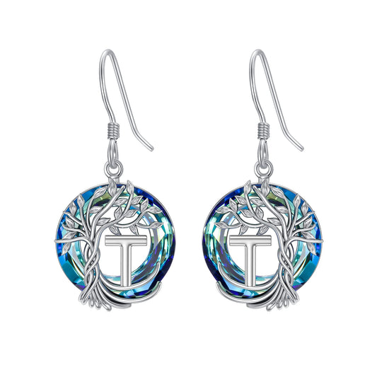 TOUPOP Tree of Life Initial Earrings Sterling Silver Initial T Letter Drop Dangle Earrings Blue Circle Crystal Family Tree Jewelry Birthday Mothers Day Gifts for Women Mom Her