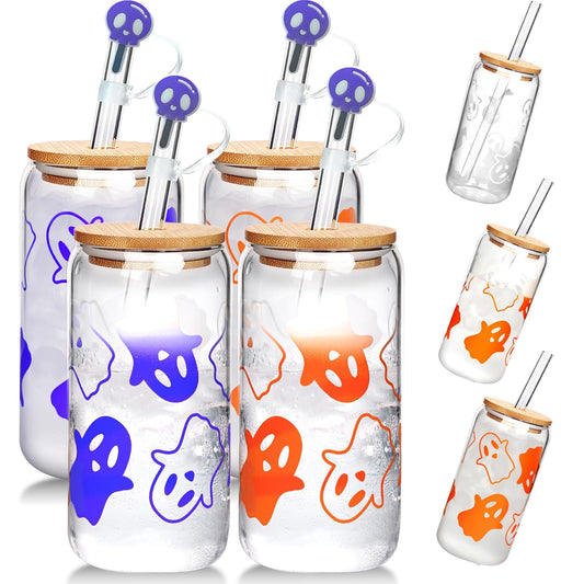ANOITON Halloween Coffee Cups - Color Changing Ghost Cups Halloween Decorations Indoor Halloween Cups Ghost Halloween Party Supplies Halloween Ghost Gifts 18oz High Borosilicate Glass Cups, 4 Packs