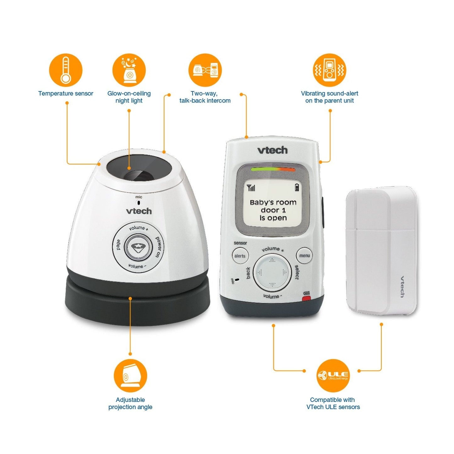 VTech DM271-102 Audio Baby Monitor with Glow-on-Ceiling Night Light, Open or Closed Door/Window Sensor, Vibrating Sound-Alert, Talk Back Intercom & Belt Clip