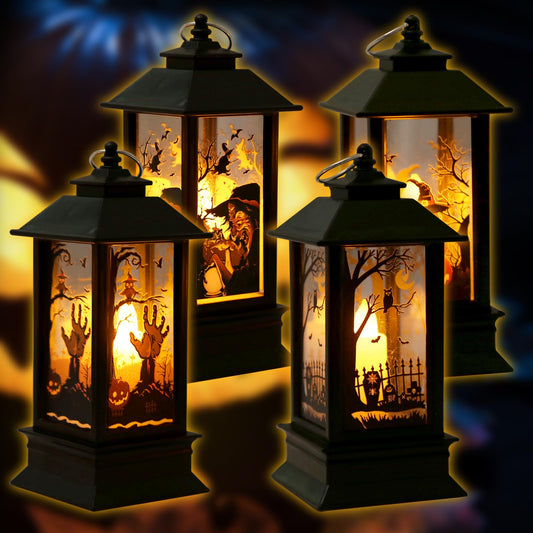 Blinket Halloween Lanterns Decorations 4 Pack, Battery Operated Black Pumpkin Witch Lanterns, Flickering Light for Indoor Party Home Decor