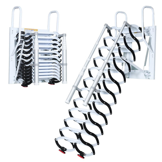 10FT Wall Mounted Retractable Attic Ladder, Folding Loft Stairs with 2 Handrails & Pull-Down System, Extra Wider Attic Stairs for Indoor, for Indoor, Garage, Basement, Storehouse, 660lb (12 Steps)