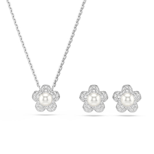 Swarovski Ariana Grande x set, Crystal pearl, Round cut, Flower, Clear, Rhodium Finish