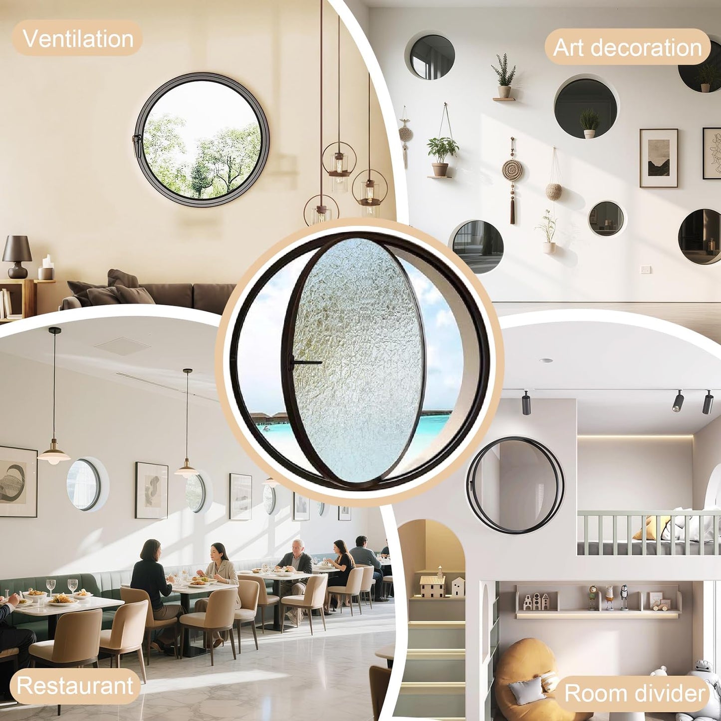 19.7IN Porthole Window with Tempered Glass,360° Circular Rotating Windows,Sliding Windows with Handle For Bathroom/Kitchen/Bedroom/Living Replacement Indoor Ventilated Windows Decorate(Black)