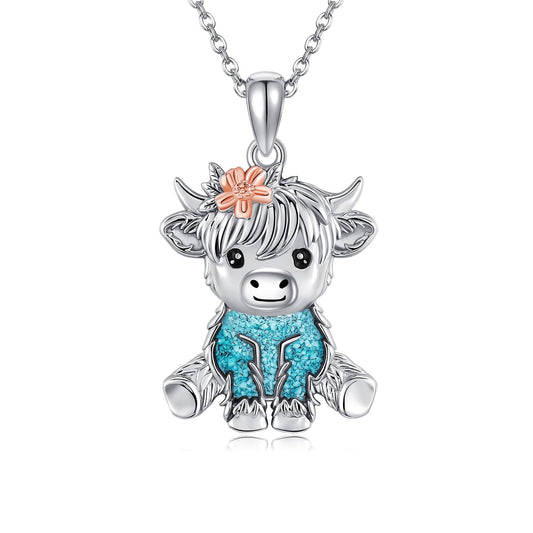 HKPATOP Highland Cow Necklace 925 Sterling Silver Turquoise Cow Necklace Cute Highland Cow Jewelry for Women