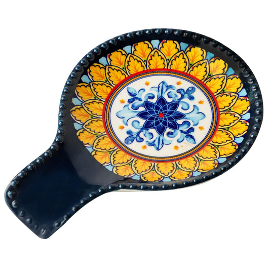JINGUS Spoon Rest for Stove Top, Large Ceramic Spoon Holder for Stove and Kitchen Counter, Heat-Resistant Cooking Utensil Rest for Tongs and Ladles, Blue Bohemian Spatula Holder Dishwasher Safe