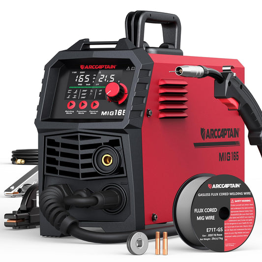 ARCCAPTAIN 165A MIG Welder 110V/220V, 2025 Newest [Large LED Display] 4 in 1 Gasless/Gas MIG/Lift TIG/Stick Welding Machine Multiprocess Welder Machine, IGBT Inverter Welder with Synergy, 2T/4T