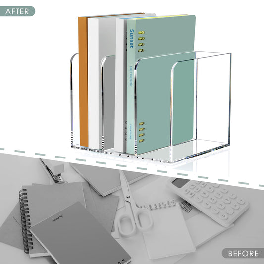 SANRUI Acrylic Magazine Holder Desk Organizer Workspace Sorters，Clear Bookend File Sorter Holder，Folder Rack, Office Accessories Organization Storage with 3 Vertical Compartments