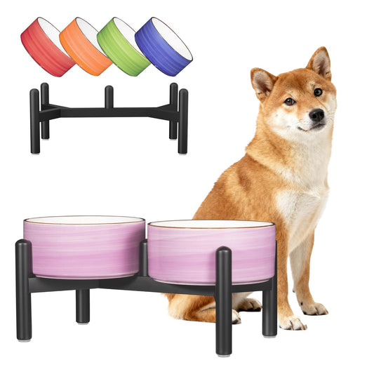 Ceramic Elevated Dog Bowl Set - Dog Feeder Station with Colorful Double Bowls for Small and Medium Size Breed - Non-Slip Raised Dish for Food and Water Feeding- 6 Inch - 3.5 Cups / 22 fl oz - Purple