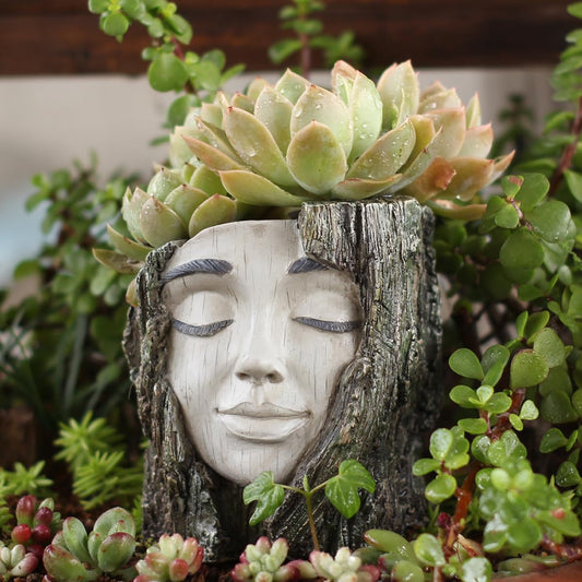 YOYLMAL Tree Stump Face Planter Pot, 4.9” Resin Women's Head Succulent Planter for Indoor Outdoor Plants, Unique Flower Pot with Drainage Hole, Gifts for Women Mom