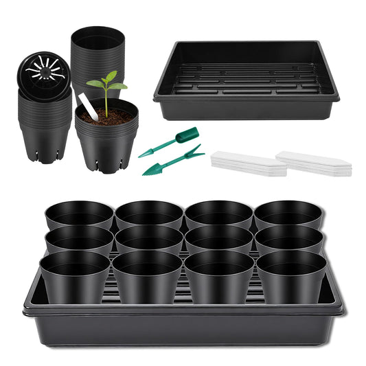 Dualshine Seed Starter Tray Kit - 60-Pack 3.4 Inch Round Nursery Pots with Drainage Holes, 5 Seedling Trays, 100 Plant Labels & 2 Transplanting Tools for Vegetables, Flowers, Herbs Seed Starting