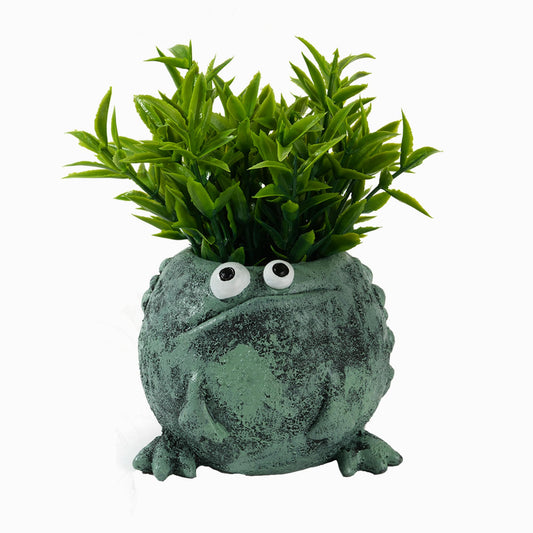 Sprmgisle Frog Pen Holder for Desk, Cute Resin Flower Pot & Pencil Cup, Holds 10 Pens, Vintage Stacked Frog Figurine with Removable Grass, Desk Organizer for Office Home Decor, Unique Gift