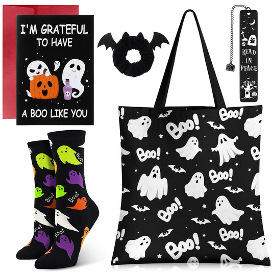 Paterr 5 Pcs Halloween Boo Basket Gift Set Spooky Tote Bag Cute Bookmarks Ghost Socks Bat Scrunchy Greeting Card Boo Basket Stuffer for Women