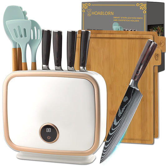 ChefHoablorn Kitchen Knife Block Set 4 Professional Damascus Knives,Beautiful Intelligent Knife Block 110V 70℃Hot Air Drying Cleanliness,with Raw Food Cooked Food Cutting Boards,4 Kitchen Utensils