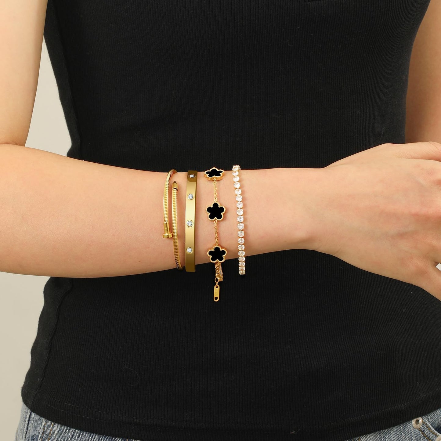 MEIERYA 18K Gold Plated Womens Stackable Floral Bracelets Set,Twisted Cable Bangle,Trendy Jewelry,Waterproof adjustable bracelet,Christmas Birthday Gifts for Girlfriend or Mother. (02-Color-black)