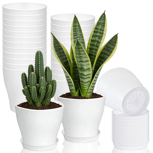 24 Set 4 Inch White Plant Nursery Pots,Plastic Planters Succulent Container with Trays and Drainage Holes for Indoor Outdoor Small Plants,Herbs,Seeds