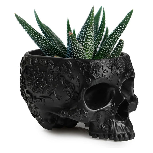 Black Skull Planter Pot 6 Inch Skeleton Head Pot for Succulents Flowers, & Bowl Dish Gothic Decor for Garden Home Parties Haunted House Spooky Black Display Halloween Skull Flower Pot Decoration Gift