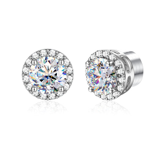 GEMQUEEN Moissanite Magnetic Earrings for Men Women : Hypoallergenic 14K White Gold Plated Stainless Steel Non Piercing Fake Earrings Studs Halo Round D Color VVS1