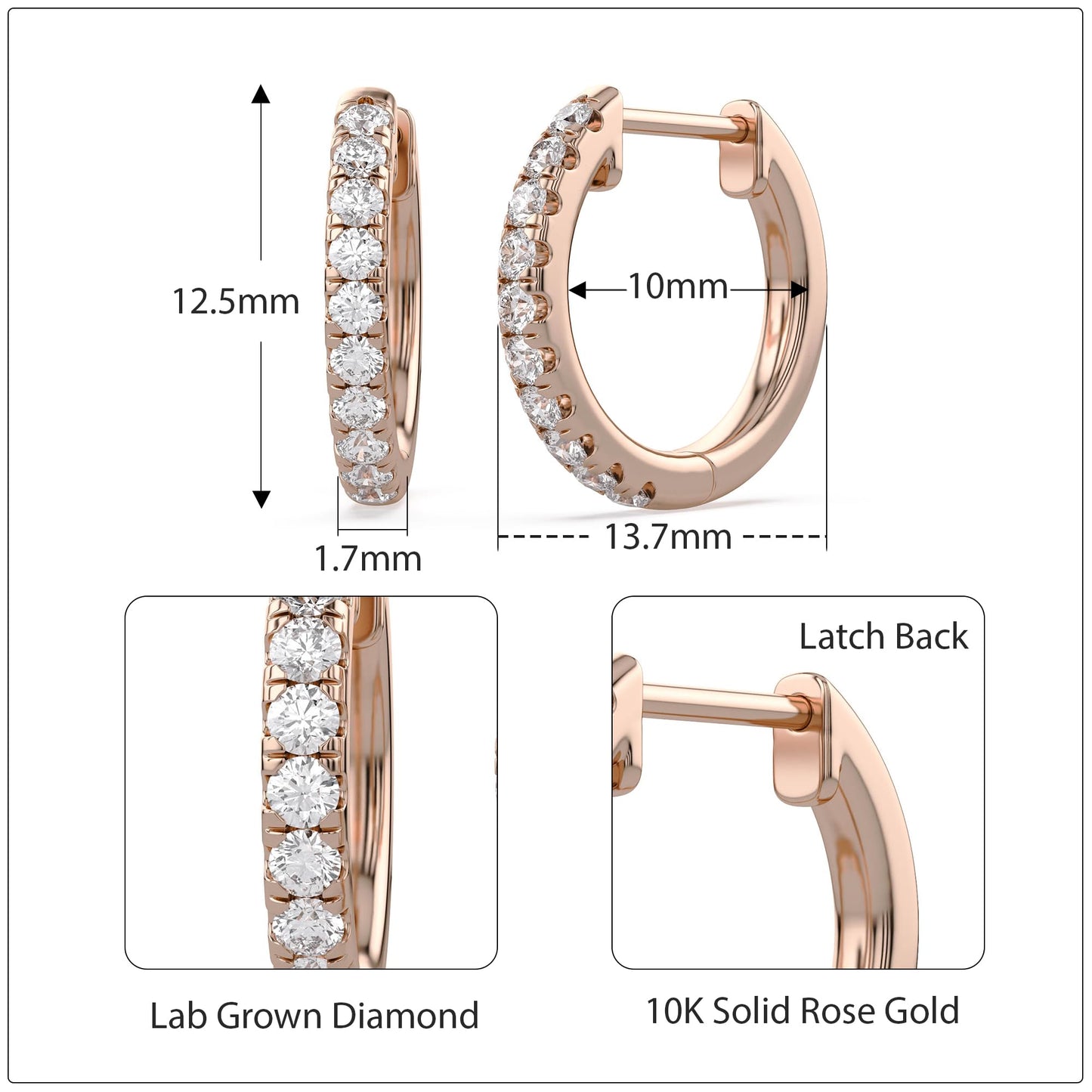 Huggie Hoop Earrings For Women, 1/4 Carat Round Shape Lab Grown Diamond Wedding Bridal Hoop Earrings In 10K Solid Rose Gold Jewelry for Her (0.25 Cttw)