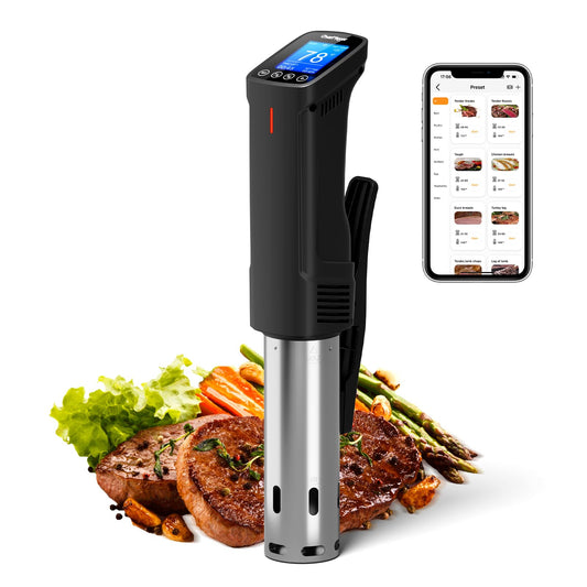 CharMeter Wifi Sous Vide Cooker 1000W, Ultra Quiet Immersion Circulator with Water Level Alarm, App Control with 14 Preset Recipes, Calibration & Timer Function,Fast/Stable Heating with Shared Control