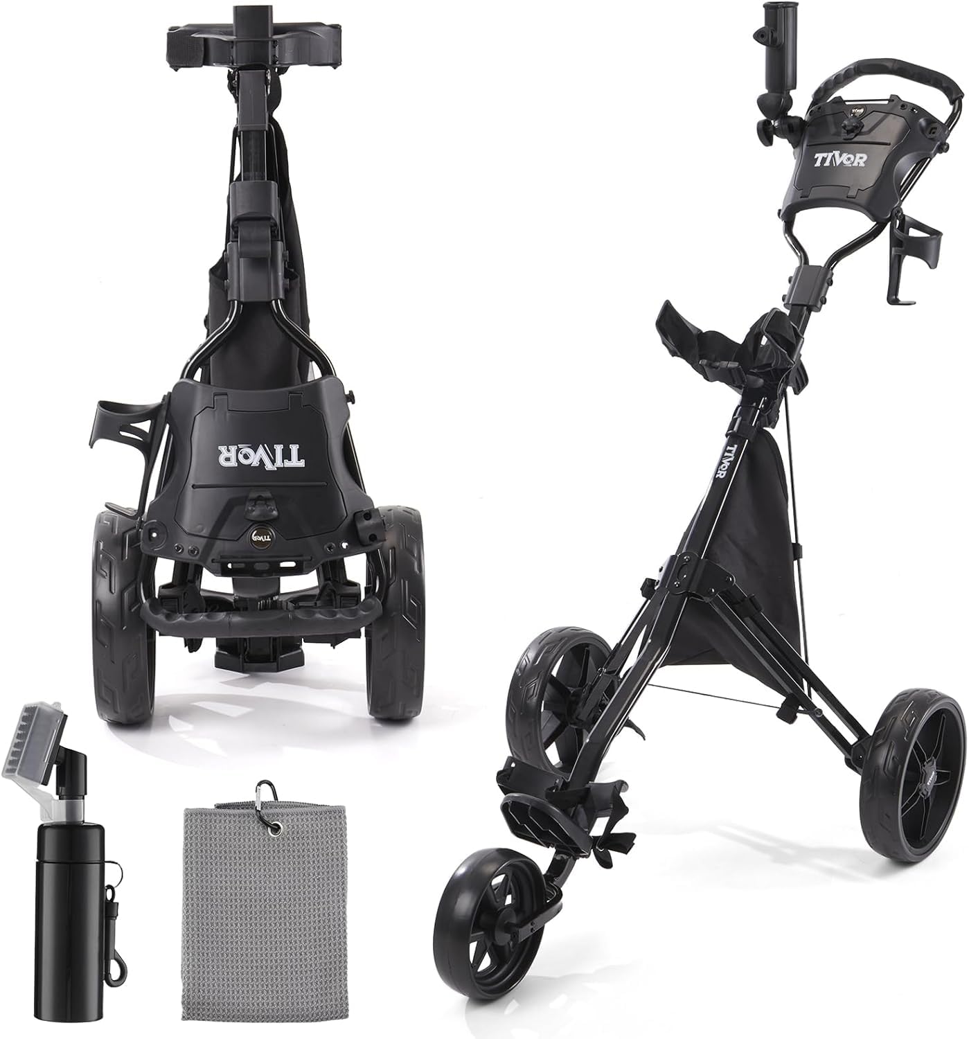 3 Wheel Golf Push Cart,Lightweight Golf Pull Cart with Quad-Fold Frame,and Cleaning Kit Golf,Cooler Bag,Cup/Phone/Umbrella Holder Compact Golf cart-black