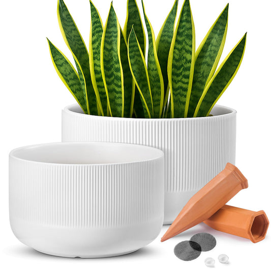 Jardin Tesoro Ceramic Planters - 10+12 Inch Large Pots for Indoor & Outdoor Plants, Modern Flower Pots with Drainage Holes and Self Watering Devices, House White Big Plant Pot, Set of 2