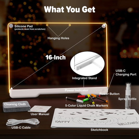 16-Inch Rechargeable LED Drawing Board, 9-Color Light Modes, Neon Art Dry Erase Light Up Doodle Glow Pad with Built-in Stand, Sketching Gift Toy for Kids/Girls/Teens, 7 Markers & Tracing Book