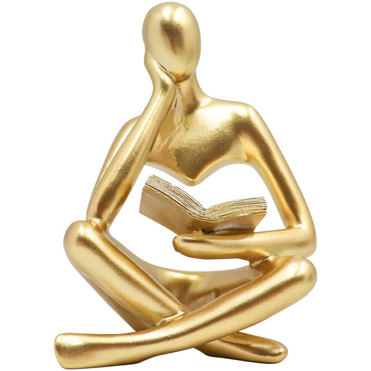 Chiorgone Golden Abstract Thinker Reading Sculpture - Resin Desktop Statue for Home Office Decor & Intellectual Gift (Contemplative Right Pose)
