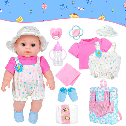 12" Girls Baby Doll Daisy Theme Backpack Carrier Playset,12 Inch Reborn Baby Dolls With Accessories And Clothes Set Toy Stuffs Pink Hanky Diaper Bottle Nipple And Gifts For Baby Toddler Age 3+