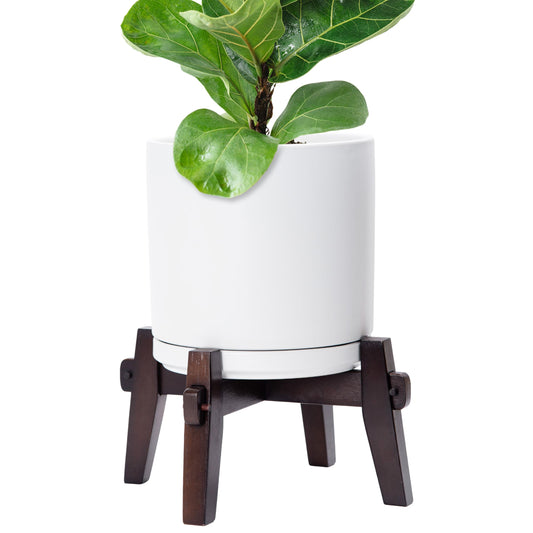 D'vine Dev Ceramic Planter with Wood Stand - 10 Inch Mid Century Modern Cylinder Indoor Plant Pot Set for Indoor Plants & Flowers, White, 55-A-X-1