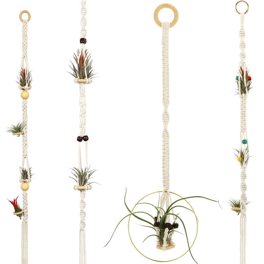 Tatuo 4 Pieces Hanging Air Plant Holders Boho Macrame Plant Hanger Fabric Woven Air Fern Display with 4 Pieces Hooks for Home Decoration Gift Idea